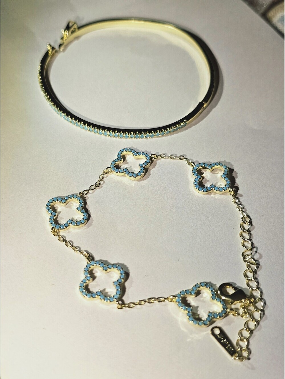 Gold-plated Turquoise CZ Bracelets Pave Hinged Bangle Clover Chain Set Of Two - Picture 6 of 6